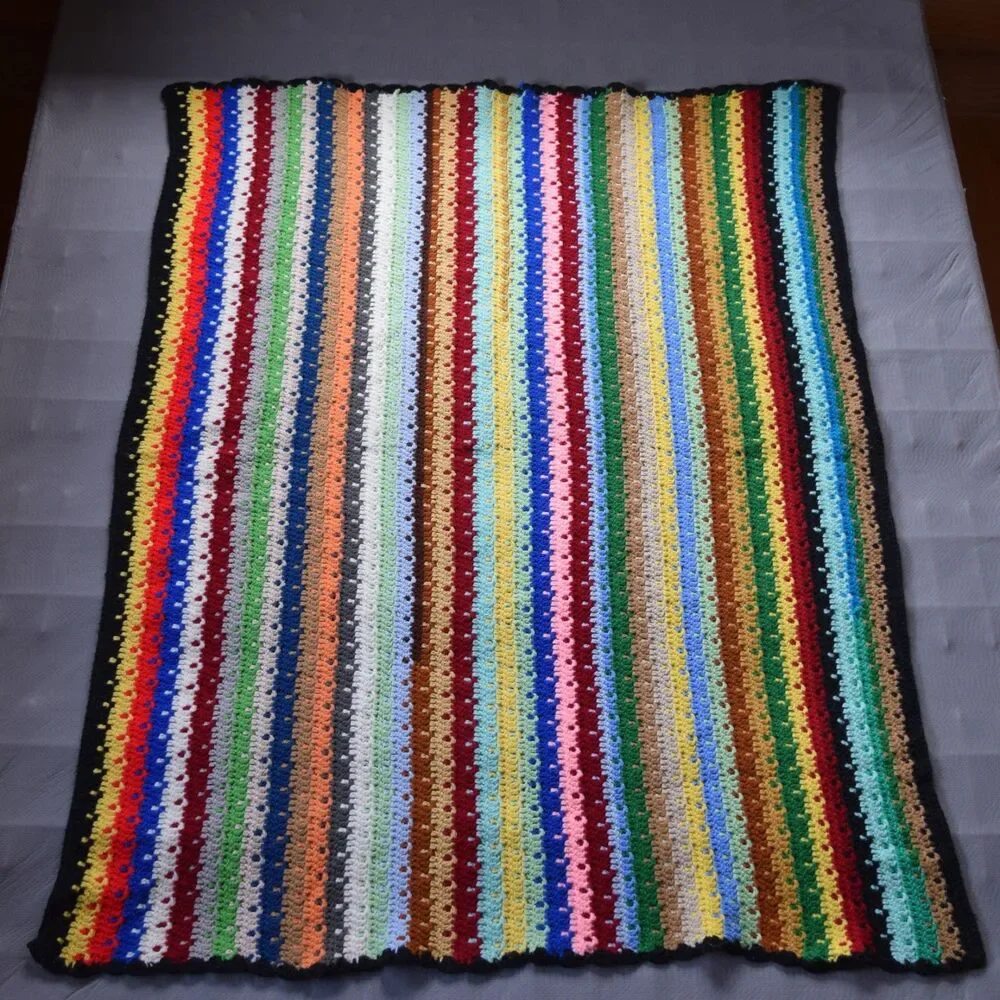 Double Crochet Stitch Afgan Lapghan Throw Blanket Rainbow Multicolor 70s 80s 90s